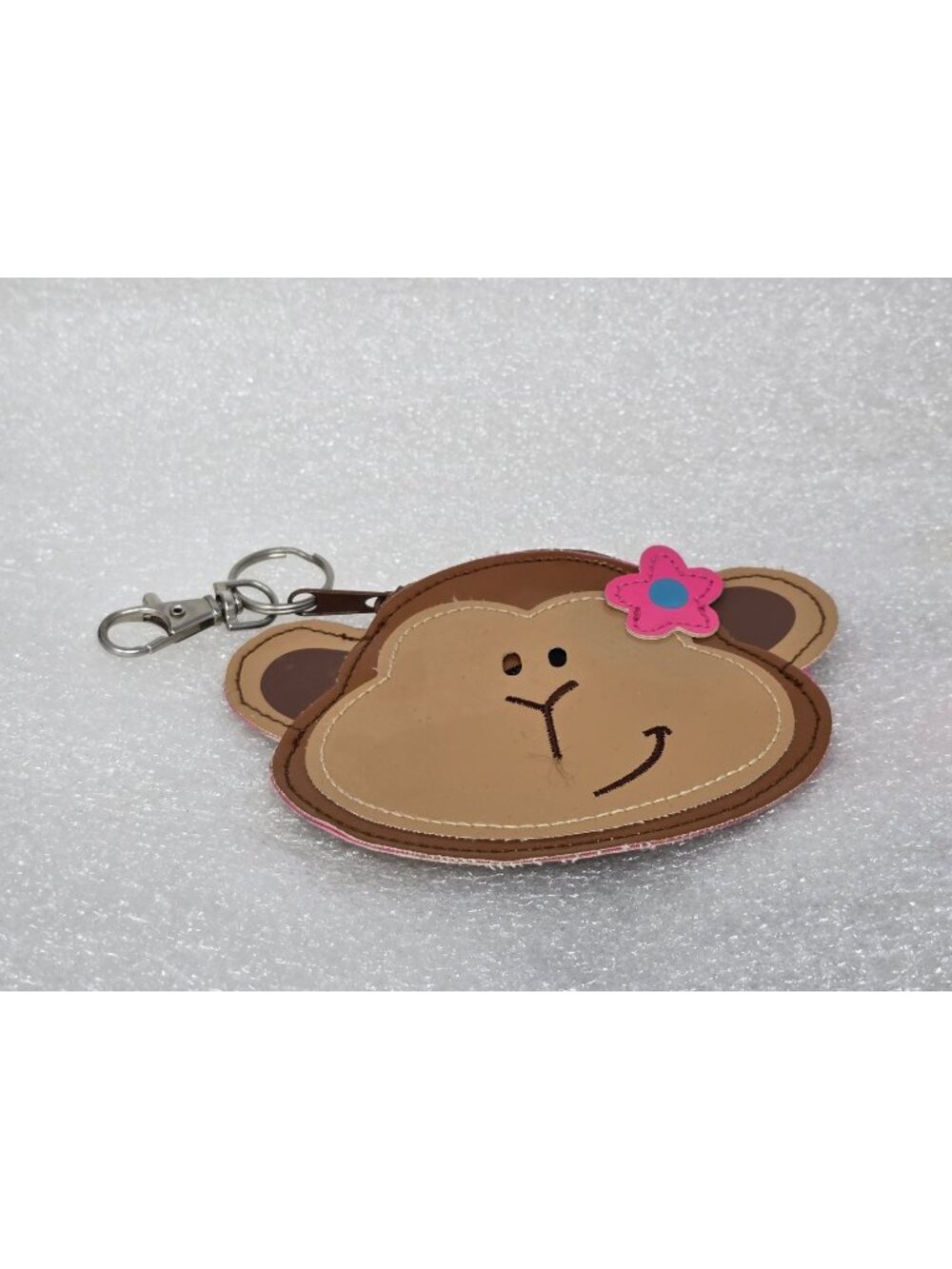 Stephen Joseph Monkey Coin Purse Pouch Keychain Holder Pink Flower Accent Brown